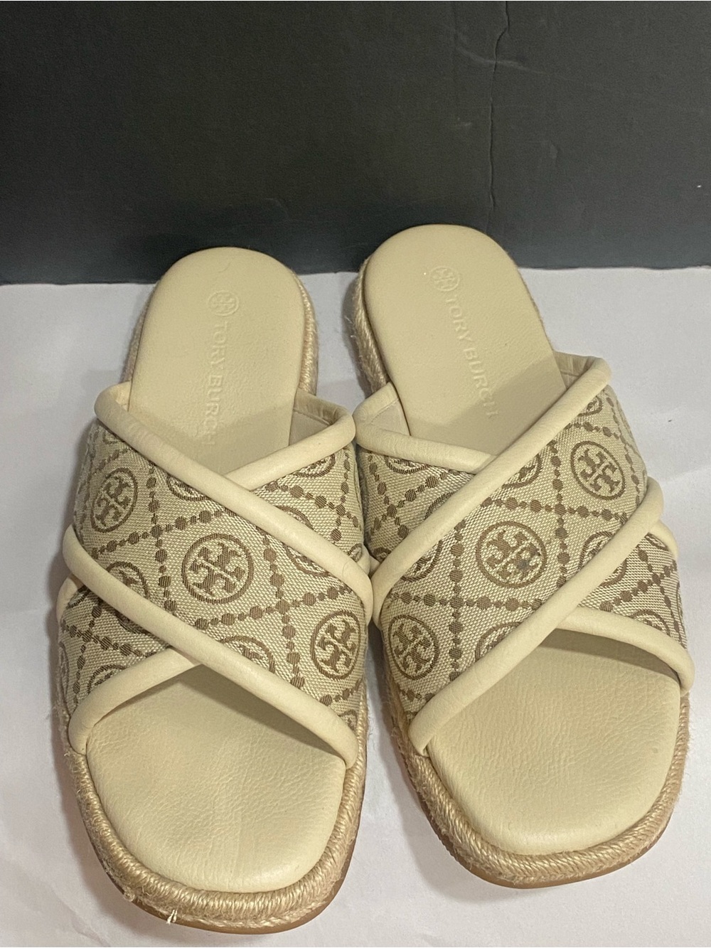 TORY BURCH MONOGRAM ESPADRILLE CRISSCROSS SLIDE HAZEL JACQUARD SZ 10 - Picture 2 of 8